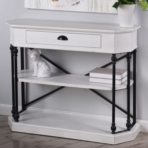 Antique White 3 Tier Single Drawer Clipped Corner Console Table