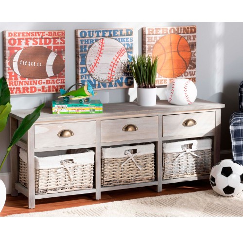Mabyn Natural Brown 3-Drawer Storage Bench with Baskets