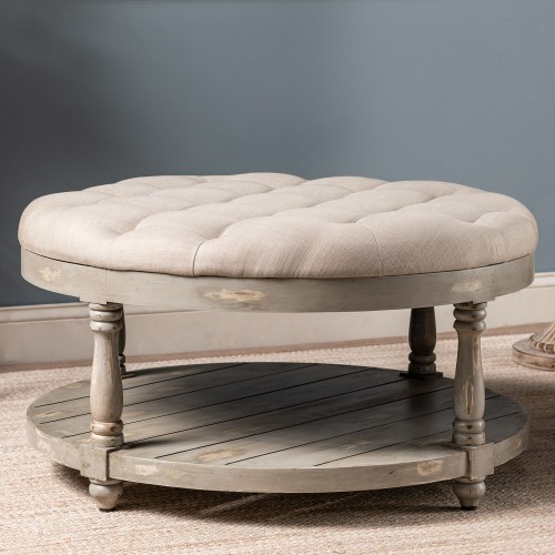 Crestview Collection Julia Gray Upholstery and Wood Round Ottoman