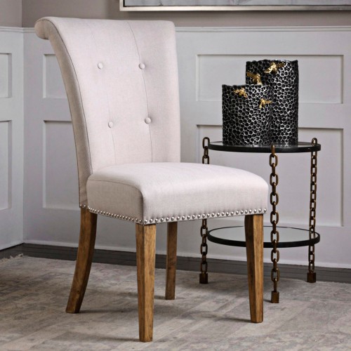 Lucasse Oatmeal Fabric and Wood Tufted Dining Chair